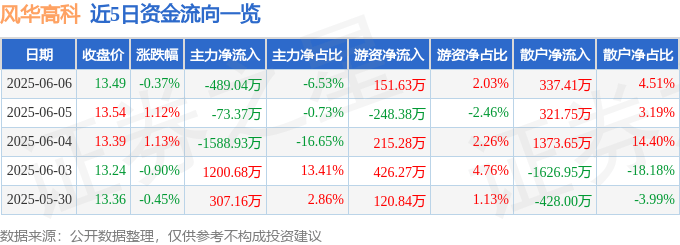 股票行情快报：风华高科（000636）6月6日主力资金净卖出489.04万元