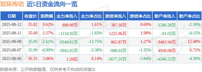 股票行情快报：双环传动（002472）8月12日主力资金净买入898.98万元