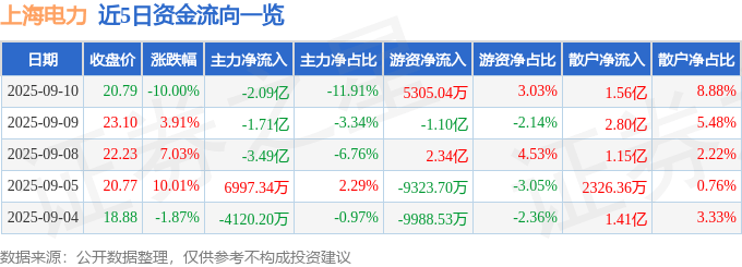 上海电力（600021）9月10日主力资金净卖出2.09亿元